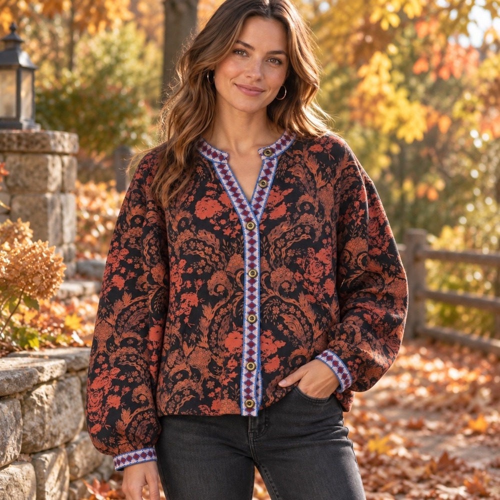 Free People The Drifter Sweatshirt Jacket Womens L Jacquard Paisley Boxy Fall